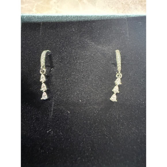 Dangle Drop Hoop Earrings Silver Plated with Simulated Diamonds Women - Picture 1 of 7